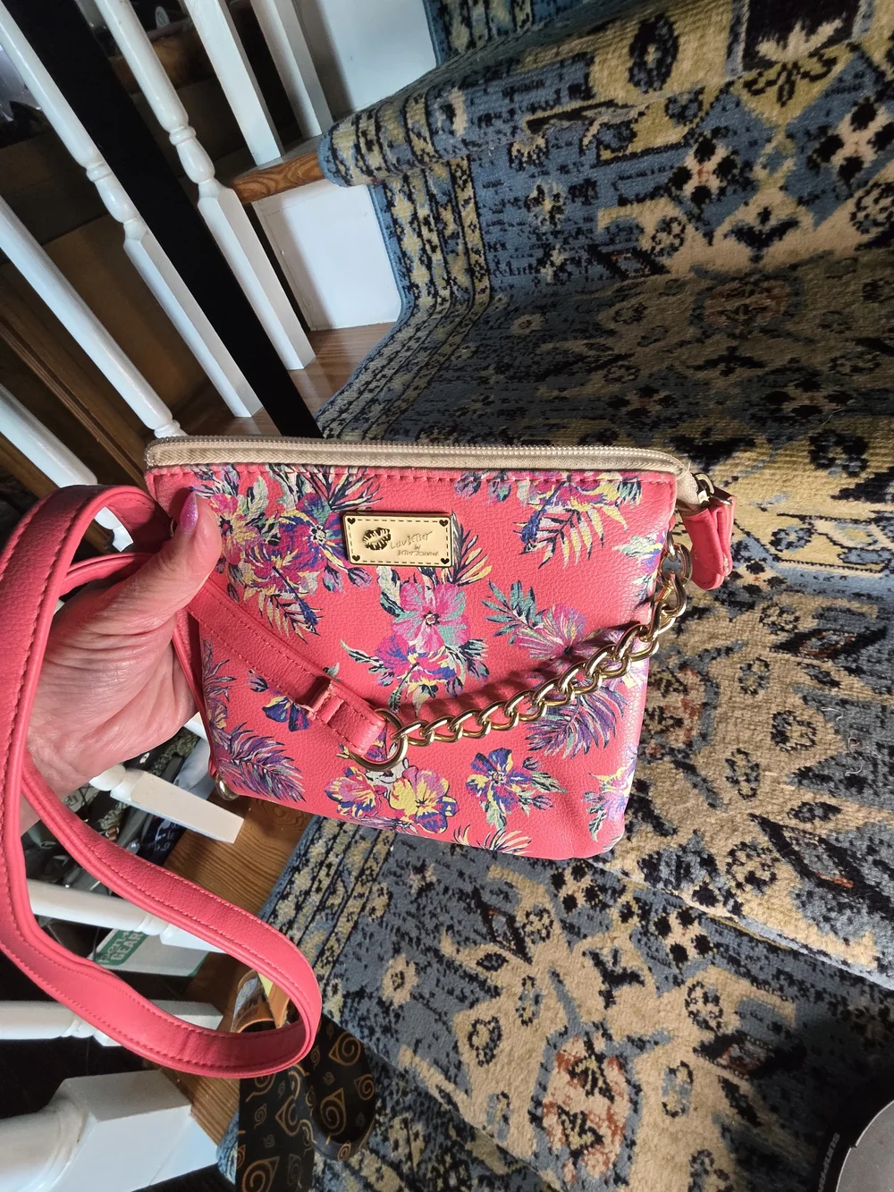 Betsey Johnson Floral Pink Crossbody Bag with Gold Chain Detail